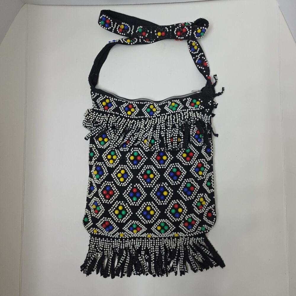 Vintage Beaded Candy Dot Purse Shoulder Bag Fringe Zipper Black Hippie Boho - Picture 1 of 12